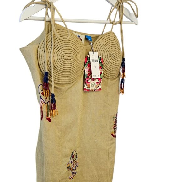 Farm Rio x Anthropologie Embroidered Linen Blend Dress, Beaded, Sz M - Picture 4 of 9